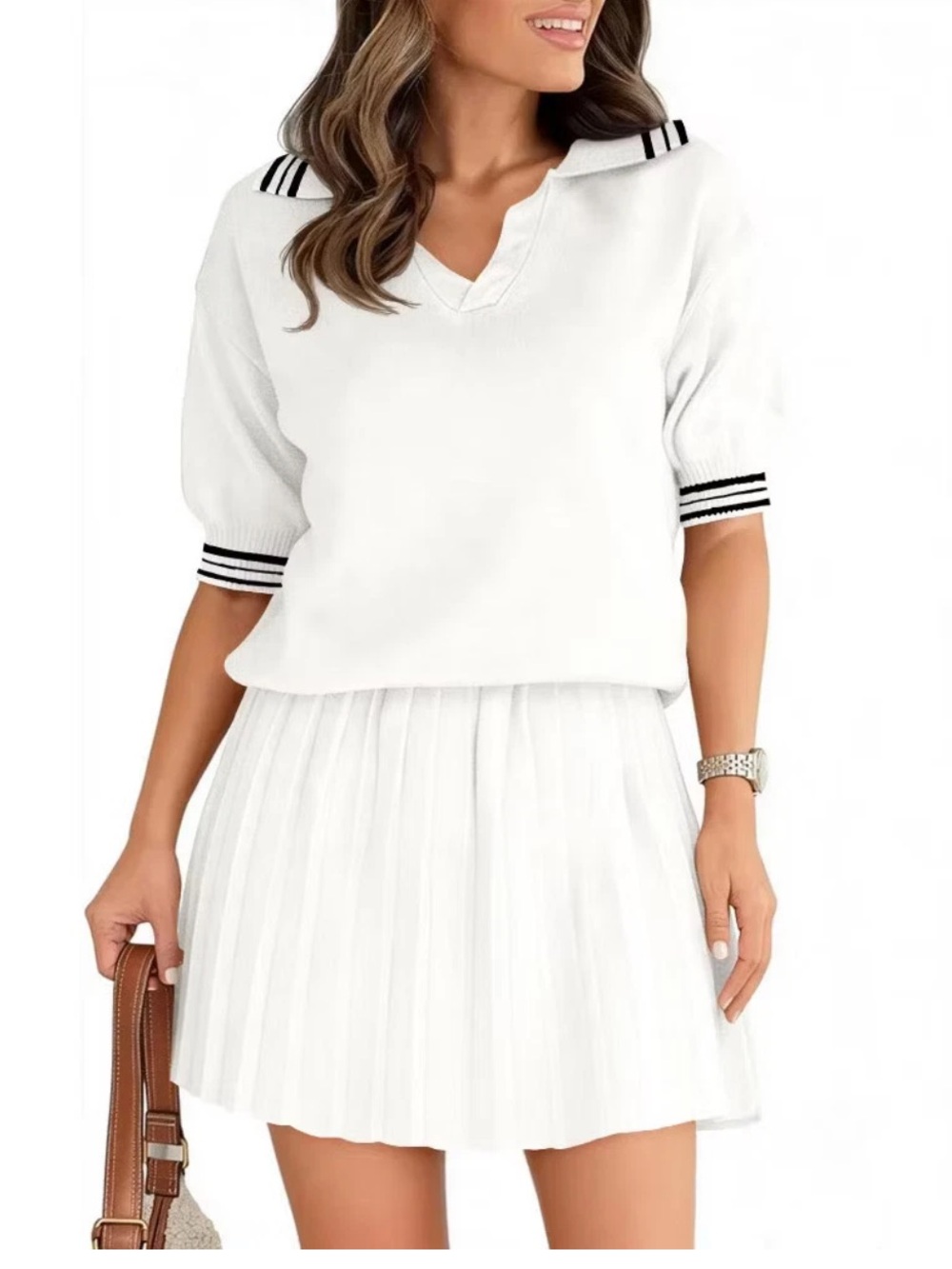 Imily Bela Womens V Neck Short Sleeve Sweater Pleated Skirt Beach Outfit S